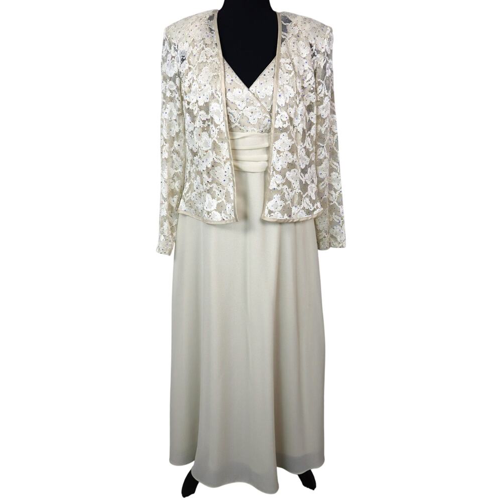 R & M Collection Dress Beige Sequin Lace Gown Jacket 2 Piece Set Formal Women 8P